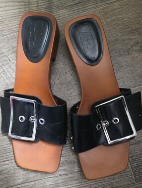 Zara Black Buckle Slide Mules with Brown Footbed